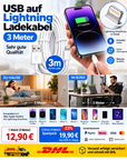 USB Lightning Ladekabel 3m für Apple iPhone 14 13 12 11 Pro Max Datenkabel